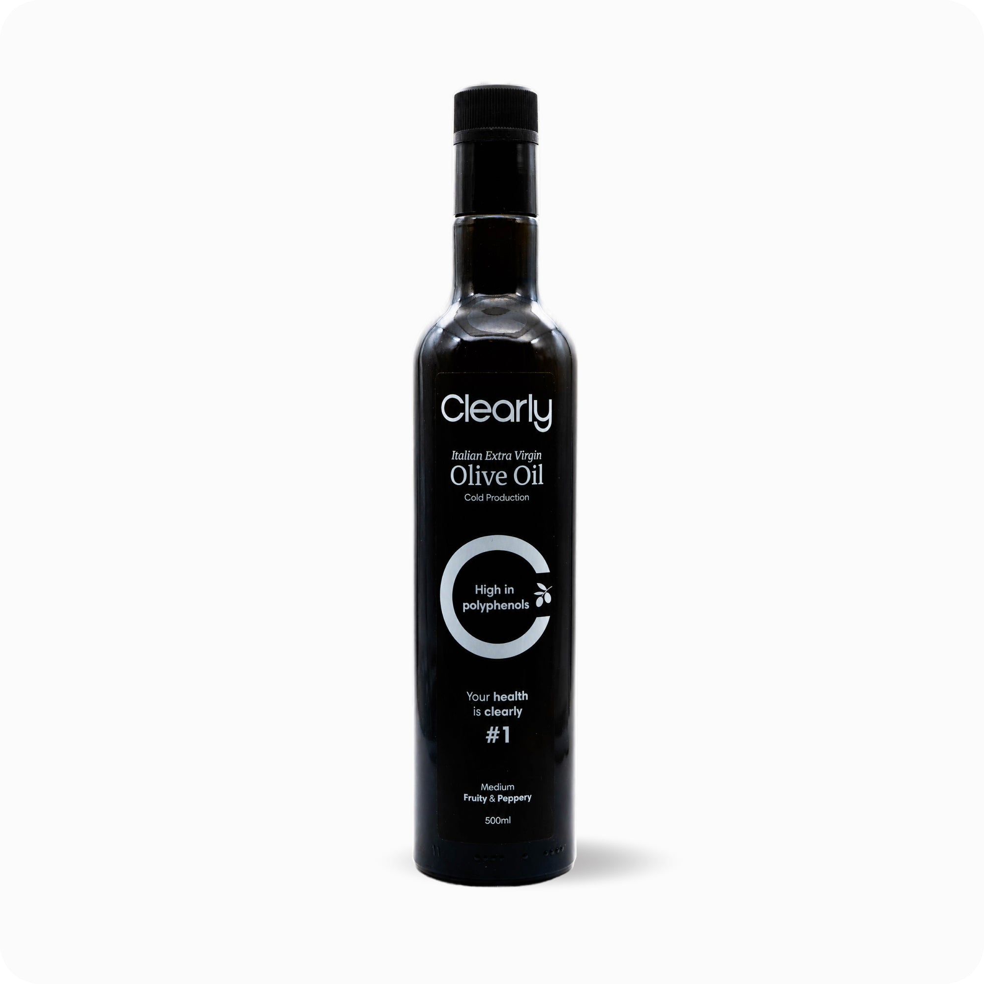 Clearly extra virgin olive oil bottle with a dark glass container and label, ideal for cooking and finishing dishes.
