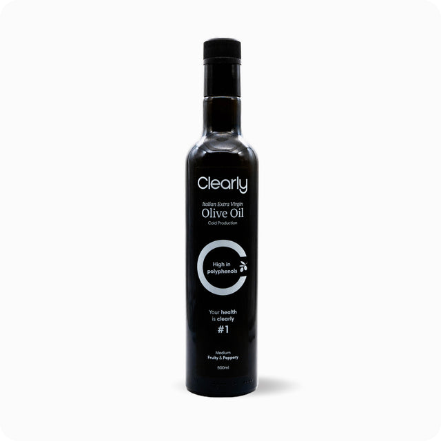 Clearly extra virgin olive oil bottle with a dark glass container and label, ideal for cooking and finishing dishes.