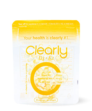 Clearly D3 + K2 supplement bottle with front label showing vitamin D3 and K2 capsules on a white background.