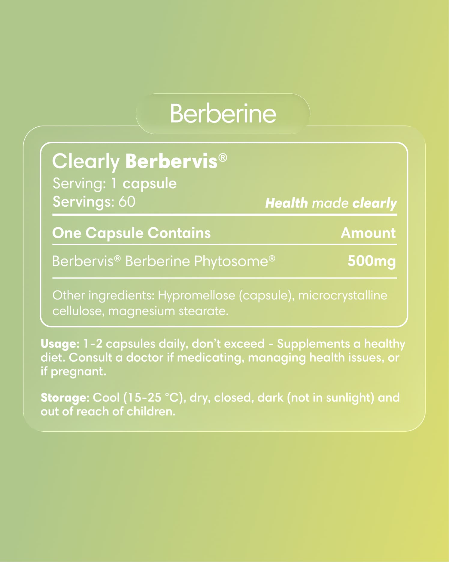 Clearly Berberine capsules with label showing supplement packaging and product information.