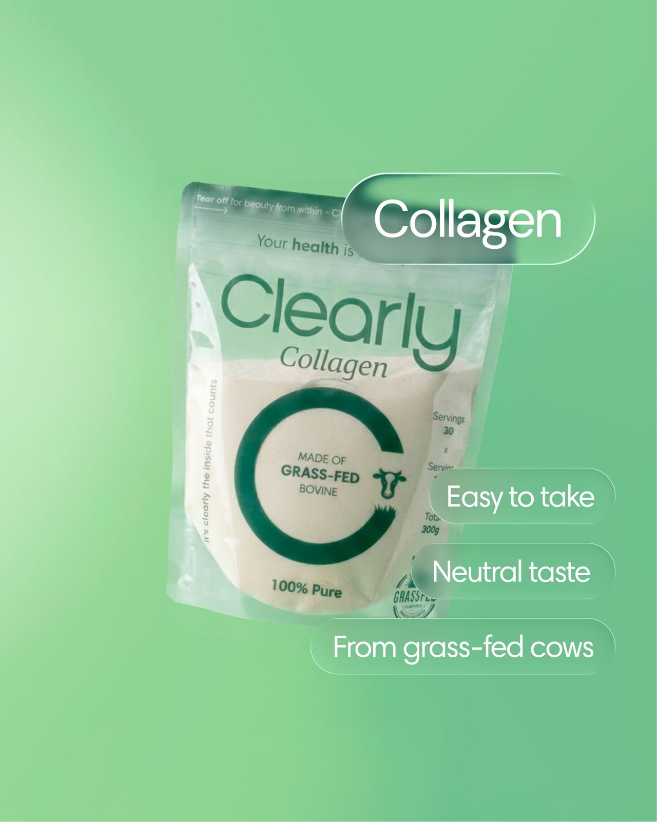 Clearly grass-fed collagen powder in a white container with a scoop, showcasing the natural supplement product.