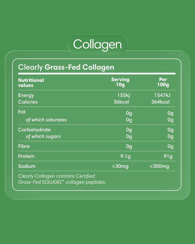 Clearly grass-fed collagen powder in a labeled jar, showcasing the product packaging and natural collagen supplement.