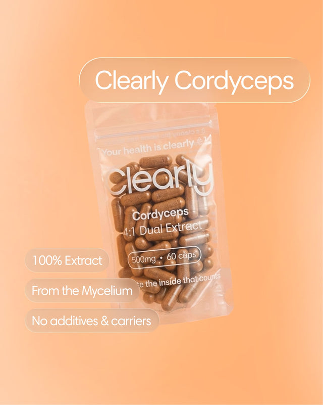 Clearly Cordyceps capsules in a bottle with a label, showcasing dietary supplement capsules for supporting energy and vitality.