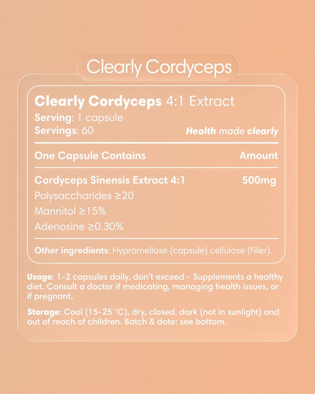 Clearly Cordyceps capsules bottle with label showing product name and branding, set against a plain background.