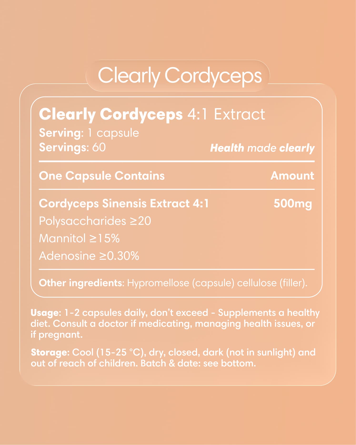 Clearly Cordyceps capsules bottle with label showing product name and branding, set against a plain background.