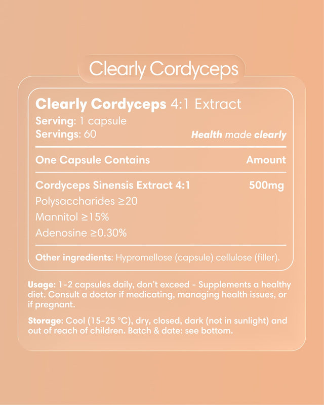 Clearly Cordyceps capsules bottle with label showing product name and branding, set against a plain background.
