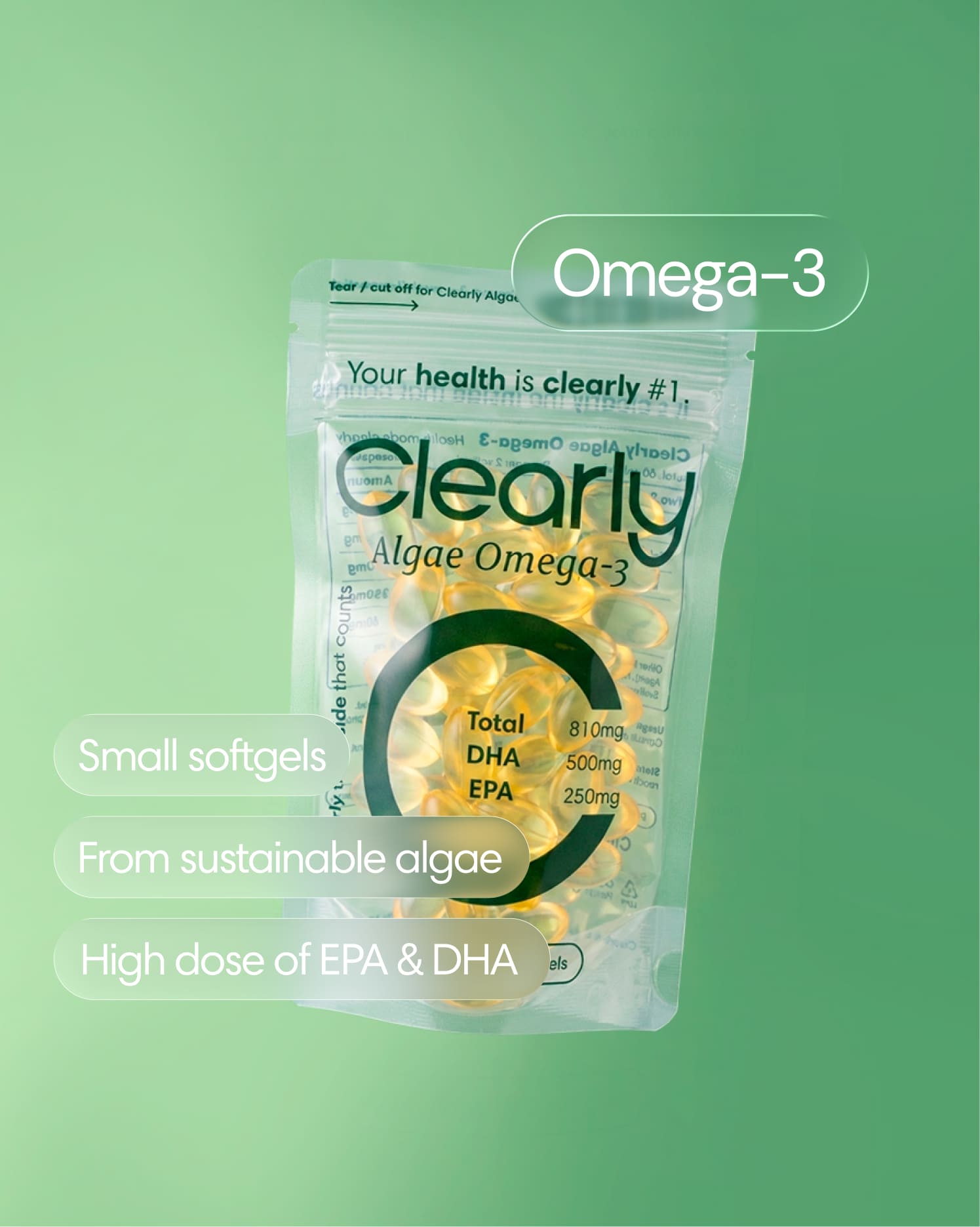 Clearly Omega-3 supplement bottle with label showing fish oil capsules, front view on a white background.