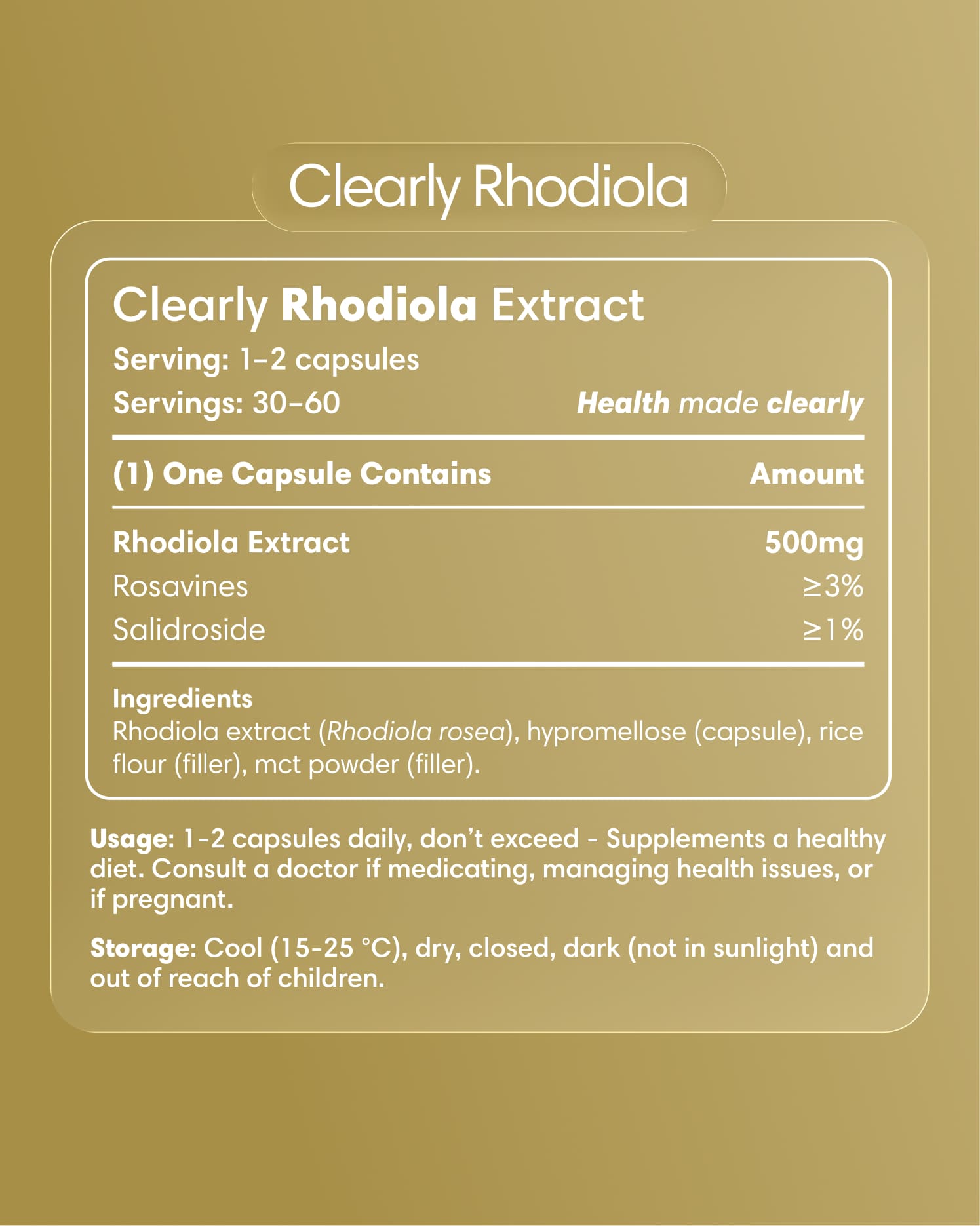 Clearly Rhodiola capsules bottle with label showing supplement details and branding, set against a neutral background.