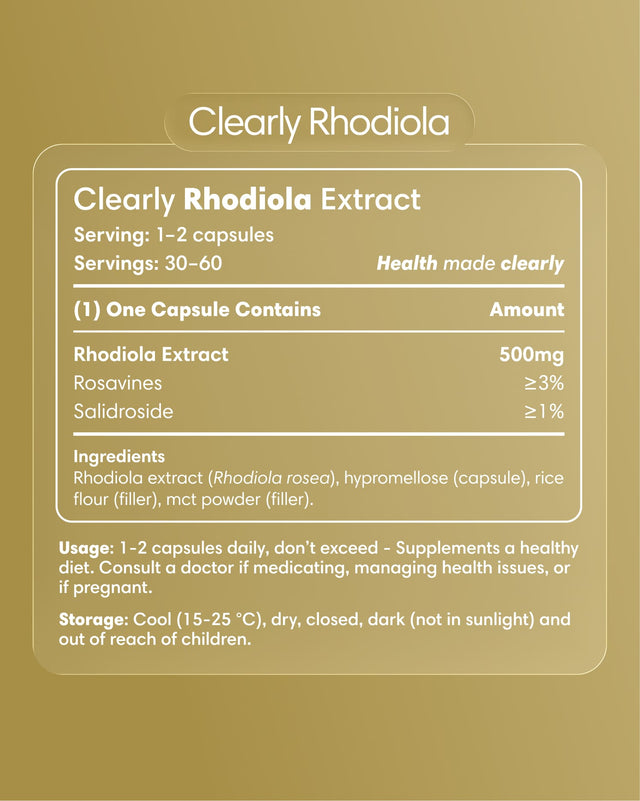 Clearly Rhodiola capsules bottle with label showing supplement details and branding, set against a neutral background.