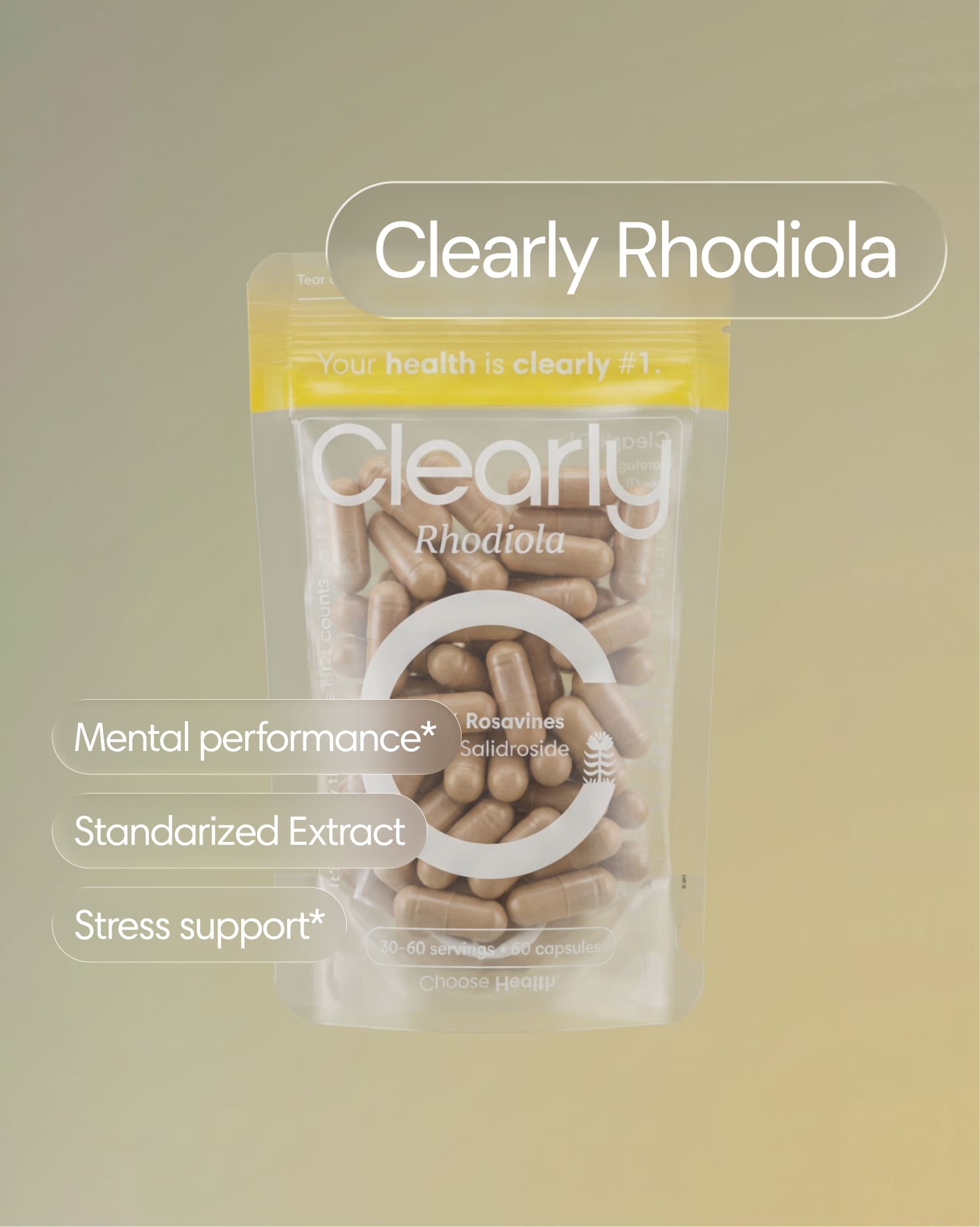 Clearly Rhodiola capsules bottle with label showing supplement details, placed on a neutral background.