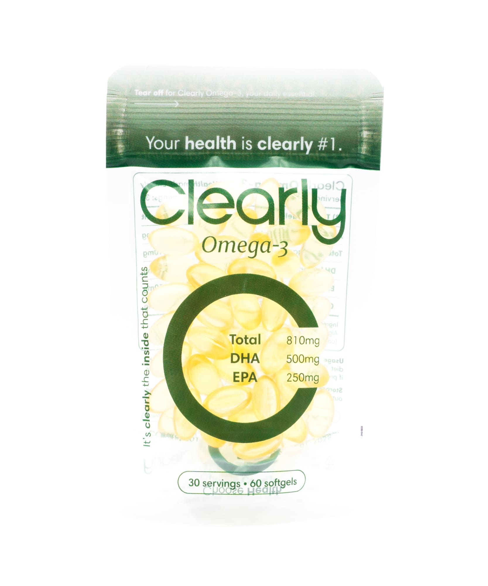 Clear ly Omega-3 supplement bottle with softgel capsules, showcasing the product's label and capsules inside the bottle.