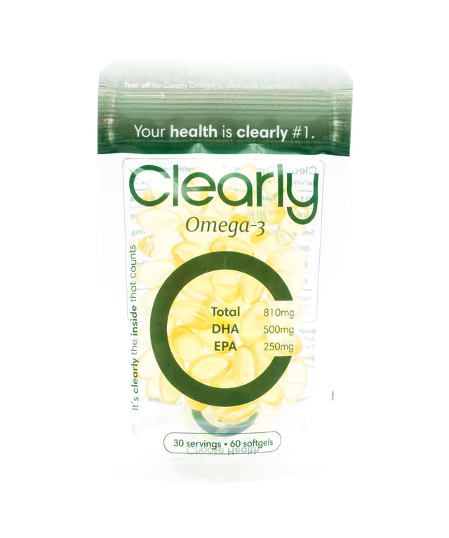 Clear ly Omega-3 supplement bottle with softgel capsules, showcasing the product's label and capsules inside the bottle.