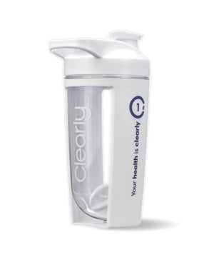 Clearly shaker with a sleek front view, designed for mixing drinks, featuring a smooth surface and secure lid.