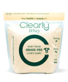 Clearly Grass-fed Whey protein powder container with a clean label, showing the front view of the product.